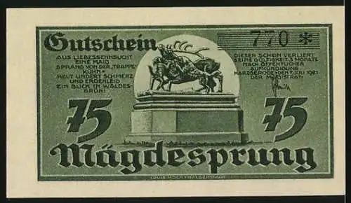 Notgeld Mägdesprung, 75 Pf, Gutschein mit Landschaft und Denkmal