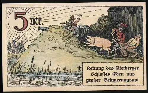 Notgeld Rietberg, 1921, 5 Mark, Rettung des Rietberger Schlosses Eden aus grosser Belagerungsnot, mit plattdeutschem Tex