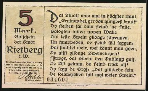 Notgeld Rietberg, 1921, 5 Mark, Rettung des Rietberger Schlosses Eden aus grosser Belagerungsnot, mit plattdeutschem Tex