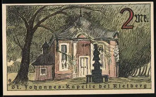 Notgeld Rietberg 1921, 2 Mark, St. Johannes-Kapelle und Inschrift mit Statue