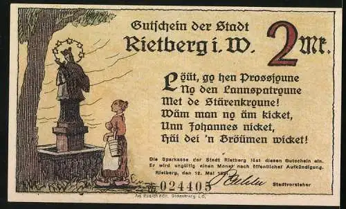 Notgeld Rietberg 1921, 2 Mark, St. Johannes-Kapelle und Inschrift mit Statue