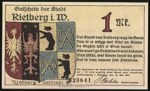 Notgeld Rietberg 1921, 1 Mark, Schloss Eden b. Rietberg i. Westf. vor d. Abbruch