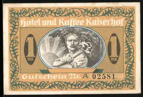 Notgeld Münster 1922, 1 Mark, Hotel und Kaffee Kaiserhof, Gutschein für Speisen und Getränke, O. Försterling & Sohn