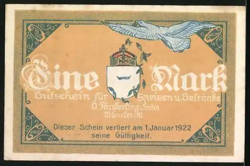 Notgeld Münster 1922, 1 Mark, Hotel und Kaffee Kaiserhof, Gutschein für Speisen und Getränke, O. Försterling & Sohn