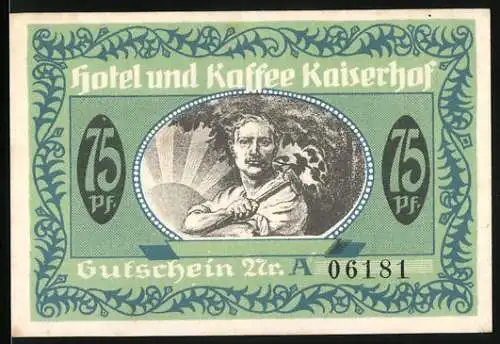 Notgeld Münster, 1922, 75 Pfennig, Hotel und Kaffee Kaiserhof Gutschein mit Arbeiter und Taube