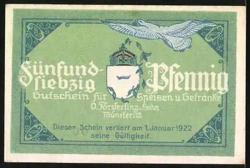 Notgeld Münster, 1922, 75 Pfennig, Hotel und Kaffee Kaiserhof Gutschein mit Arbeiter und Taube