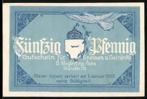 Notgeld Münster i.W., 1922, 50 Pfennig, Gutschein für Speisen und Getränke, Hotel und Kaffee Kaiserhof