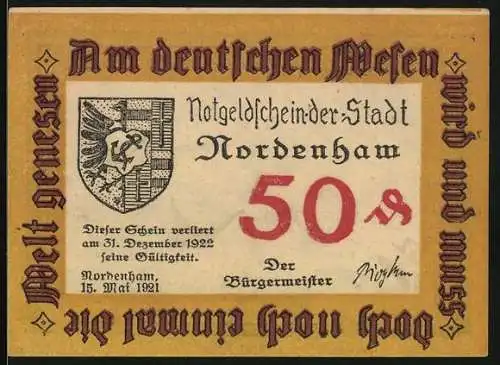 Notgeld Nordenham 1921, 50 Pfennig, ländliche Szene mit Häusern und Feldern, gotische Schrift und Signatur auf Rückseite