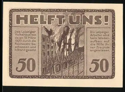 Notgeld Leipzig 1922, 50 Pfennig, Volkshaus brennt und Leipzig Stadtansicht