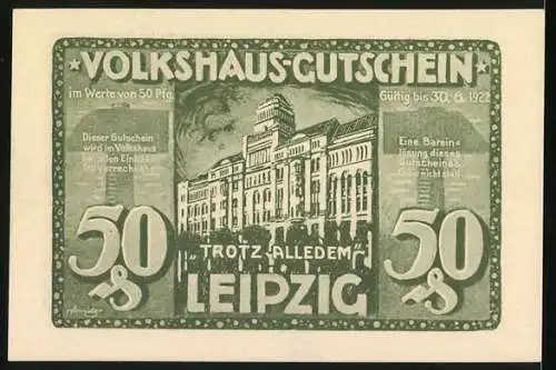 Notgeld Leipzig, 1922, 50 Pfennig, Helft uns! und Volkshaus-Gutschein für das Leipziger Volkshaus