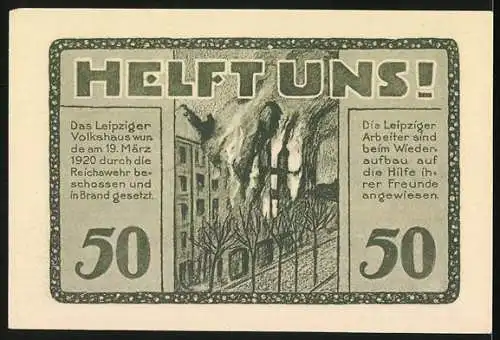 Notgeld Leipzig 1922, 50 Pfennig, Volkshaus-Gutschein mit Gebäude und Brandbeschuss 1919