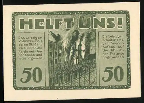 Notgeld Leipzig, 1922, 50 Pfennig, Volkshaus-Gutschein mit brennendem Gebäude und Aufruf zur Hilfe