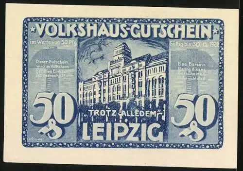 Notgeld Leipzig, 1922, 50 Pfennig, Volkshaus-Gutschein mit brennendem Gebäude und Aufruf zur Hilfe