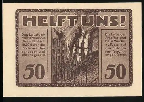 Notgeld Leipzig, 1922, 50 Pfennig, Volkshaus-Gutschein mit Aufruf Helft uns!