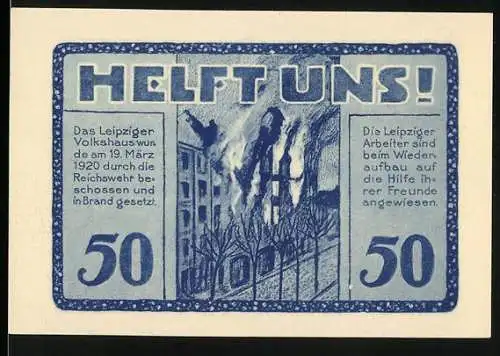 Notgeld Leipzig, 1922, 50 Pfennig, Helft Uns! und Volkshaus-Gutschein mit Bild des Volkshauses