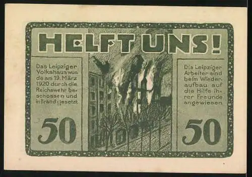 Notgeld Leipzig, 1922, 50 Pfennig, Volkshaus-Gutschein Trotz Alledem, Gültig bis 30.6.1922, Helft Uns!