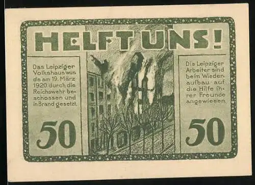 Notgeld Leipzig, 1922, 50 Pfennig, Volkshaus brennt und Wiederaufbau, Volkshausgutschein