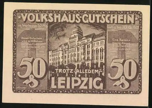 Notgeld Leipzig, 1922, 50 Pfennig, Volkshaus brennt und Wiederaufbau, Volkshausgutschein