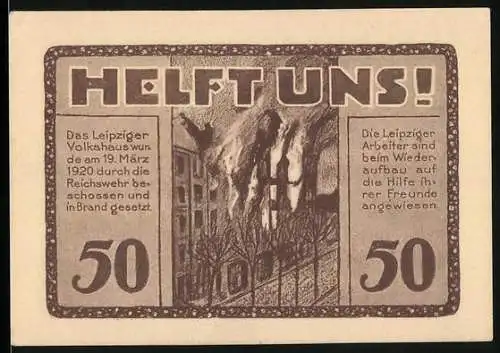 Notgeld Leipzig 1922, 50 Pfennig, Leipzig Volkshaus-Gutschein mit Hilferuf Helft uns! und Gebäudeabbildung