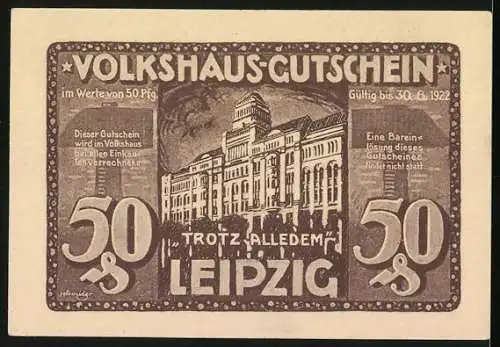 Notgeld Leipzig 1922, 50 Pfennig, Leipzig Volkshaus-Gutschein mit Hilferuf Helft uns! und Gebäudeabbildung