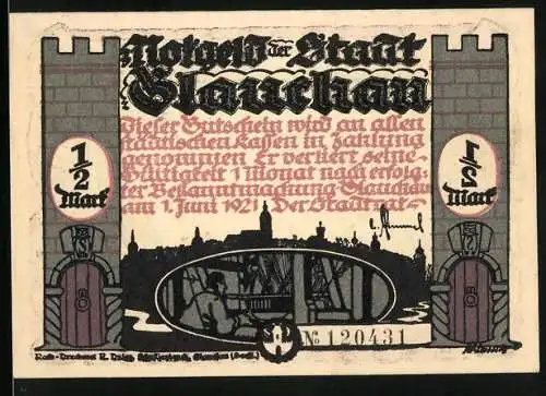 Notgeld Glauchau, 1921, 1 /2 Mark, Stadtbild mit Brücke und Türme, Sonnenaufgang und feiernde Menschen