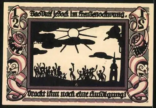 Notgeld Glauchau, 1921, 1 /2 Mark, Stadtbild mit Brücke und Türme, Sonnenaufgang und feiernde Menschen