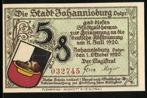 Notgeld Johannisburg 1920, 5 Pfennig, zur Erinnerung an die deutsche Abstimmung am 11. Juli 1920, Stadtwappen