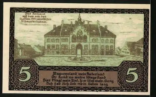 Notgeld Johannisburg 1920, 5 Pfennig, zur Erinnerung an die deutsche Abstimmung am 11. Juli 1920, Stadtwappen