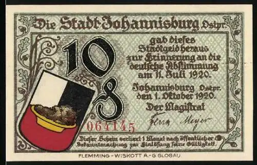 Notgeld Johannisburg 1920, 10 Pfennig, Stadtwappen und Gebäudeansicht