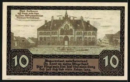 Notgeld Johannisburg 1920, 10 Pfennig, Stadtwappen und Gebäudeansicht