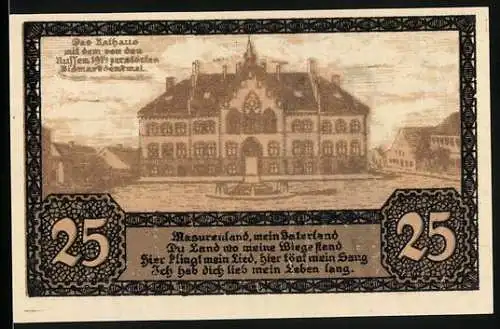 Notgeld Johannisburg 1920, 25 Pfennig, Stadtkasse und Stadtwappen zur deutschen Abstimmung am 11. Juli 1920