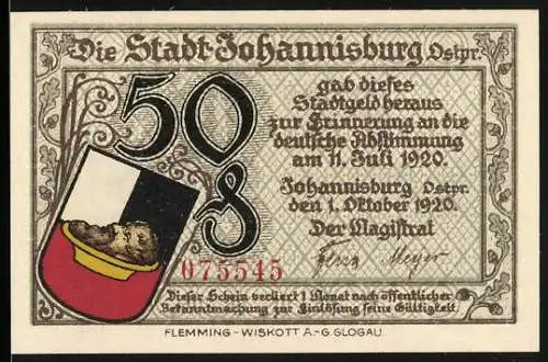 Notgeld Johannisburg 1920, 50 Pfennig, Erinnerung an die deutsche Abstimmung am 11. Juli 1920, Rathausansicht und Wappen