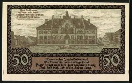 Notgeld Johannisburg 1920, 50 Pfennig, Erinnerung an die deutsche Abstimmung am 11. Juli 1920, Rathausansicht und Wappen