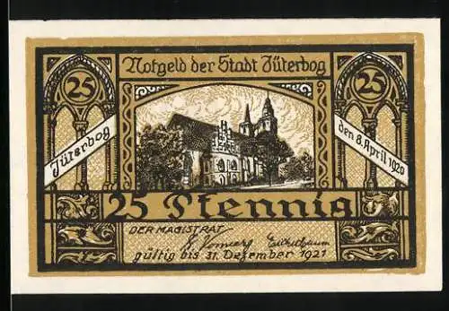 Notgeld Jüterbog 1920, 25 Pfennig, Stadtansicht mit Kirche und Torbogen-Design