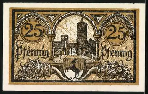 Notgeld Jüterbog 1920, 25 Pfennig, Stadtansicht mit Kirche und Torbogen-Design