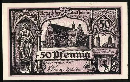 Notgeld Jüterbog 1920, 50 Pfennig, Kirche und Stadtwappen, Zitat und Stadtansicht