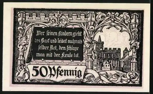 Notgeld Jüterbog 1920, 50 Pfennig, Kirche und Stadtwappen, Zitat und Stadtansicht