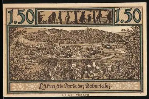 Notgeld Lähn im Riesengebirge, 1.50 Mark, Landschaft und Frau mit Taube