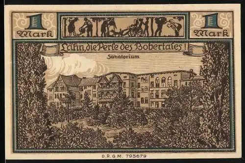 Notgeld Lähn 1921, 1 Mark, Sanatorium mit Inschrift Lähn, die Perle des Bobertales und Figur mit Tauben