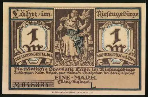 Notgeld Lähn 1921, 1 Mark, Sanatorium mit Inschrift Lähn, die Perle des Bobertales und Figur mit Tauben