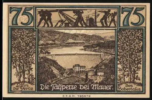 Notgeld Lähn im Riesengebirge, 75 Pfennig, Die Talspere bei Mauer und Die Taubengustel