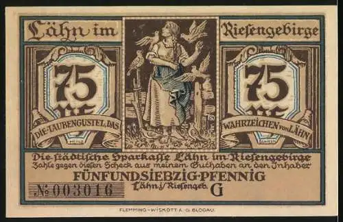 Notgeld Lähn im Riesengebirge, 75 Pfennig, Die Talspere bei Mauer und Die Taubengustel