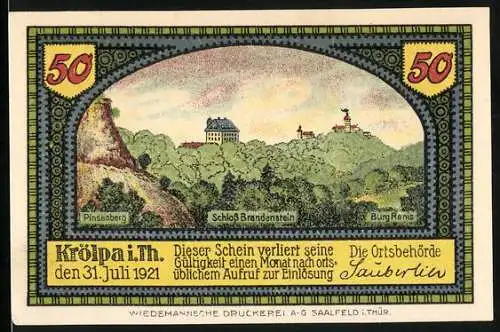 Notgeld Krölpa i.Th., 1921, 50 Pfennig, Schloss Brandenstein und Pinsenberg, Gutschein der Gemeinde Krölpa