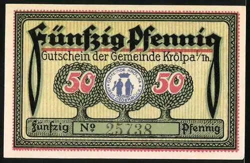 Notgeld Krölpa i.Th., 1921, 50 Pfennig, Schloss Brandenstein und Pinsenberg, Gutschein der Gemeinde Krölpa