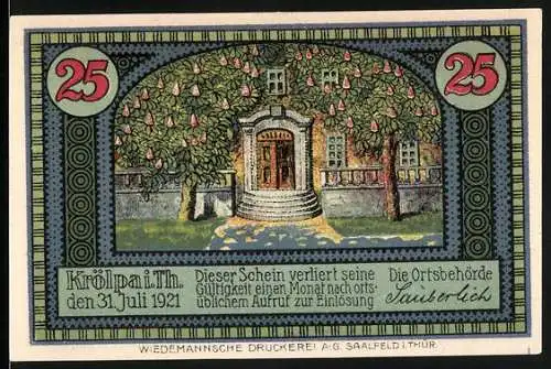 Notgeld Krölpa 1921, 25 Pfennig, farbenfrohe Darstellung eines Gebäudes mit Bäumen und Gemeindewappen