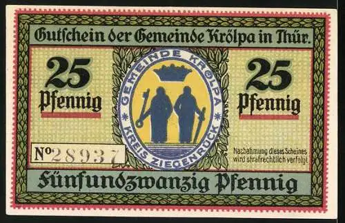 Notgeld Krölpa 1921, 25 Pfennig, farbenfrohe Darstellung eines Gebäudes mit Bäumen und Gemeindewappen