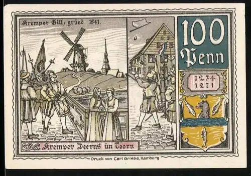 Notgeld Krempe, 1920, 100 Penn, Kremper Gill und Kremper Deerns un Goern, Rathaus zu Krempen 1570