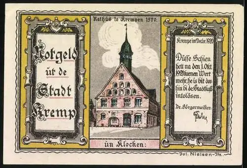 Notgeld Krempe, 1920, 100 Penn, Kremper Gill und Kremper Deerns un Goern, Rathaus zu Krempen 1570