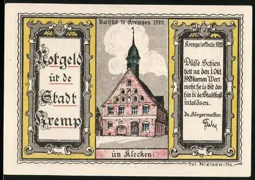 Notgeld Krempe, 1920, 100 Pfennig, Kremper Gill und Stadtansichten