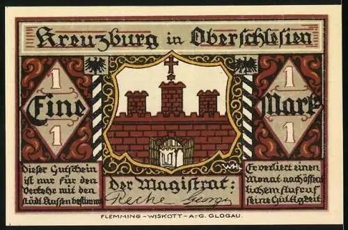 Notgeld Kreuzburg in Oberschlesien, 1 Mark, historische Szenerie und Stadtmauer mit Wappen